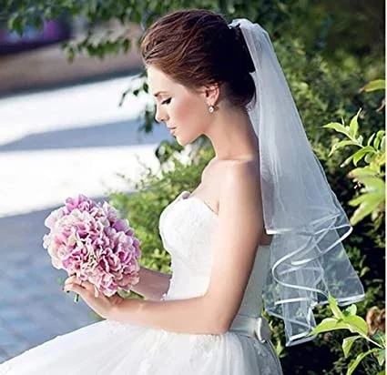 White New Fashion Double Ribbon Edge Center Cascade Bridal Wedding Veil with Comb