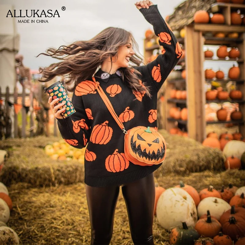 Женский свитер с круглым вырезом готический черный Свободный пуловер длинными