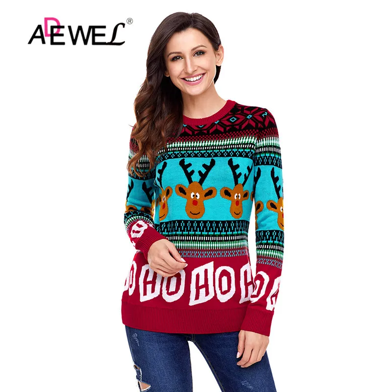 ADEWEL Red Cute Cartoon Reindeer Christmas Sweater Snowman Deer Full Sleeve Sweaters O-neck Women Pullovers Winter Warm Tops | Женская