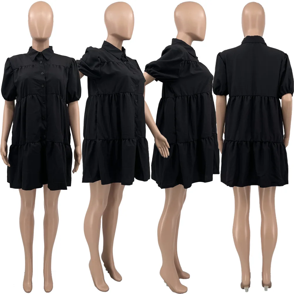 

Solid Short Sleeve Button V-neck Mini Dress Women Sexy Casual Black Ruffle Party Club Dresses Elegant Sundress Summer