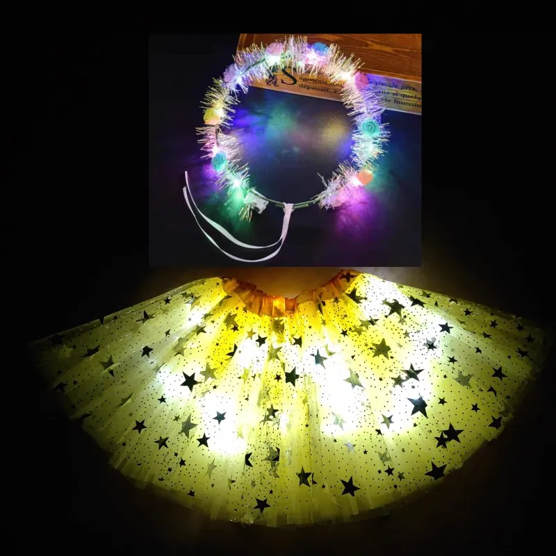 

2020 new light color skirt children's skirt luminous skirt led children's skirt collar party dress big star gauze skirt yellow