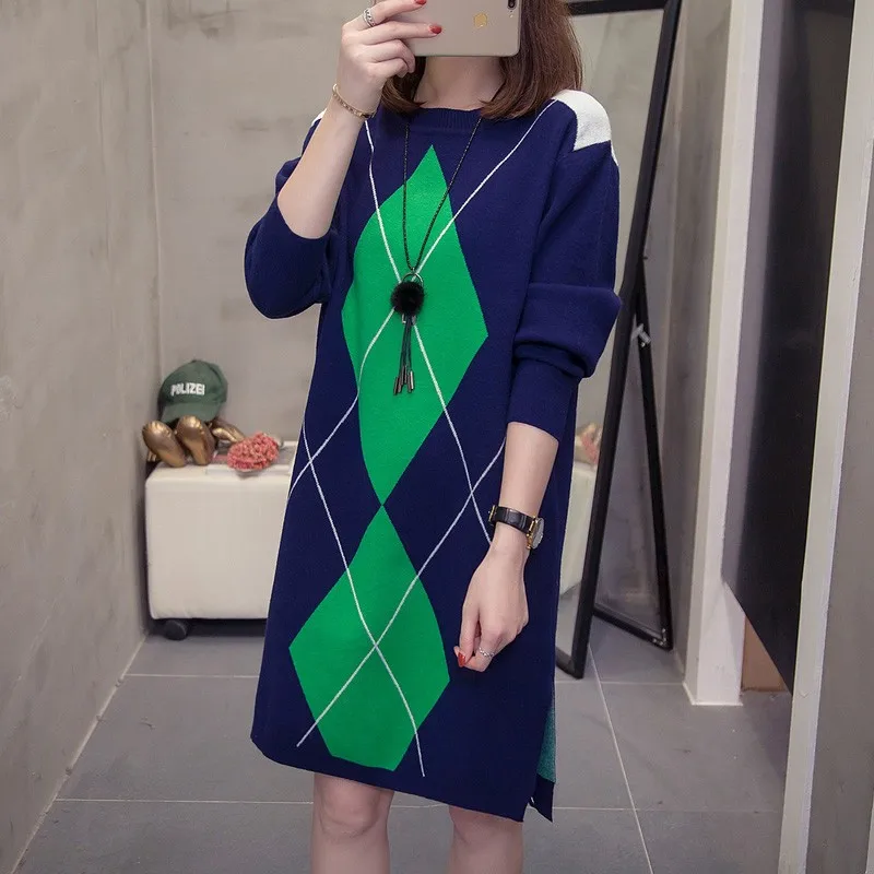 

Размера плюс Цвет блок трикотажное платье 2021 осенне-зимняя одежда для мальчиков, модная свободная большие длинные свитера больших размеров...