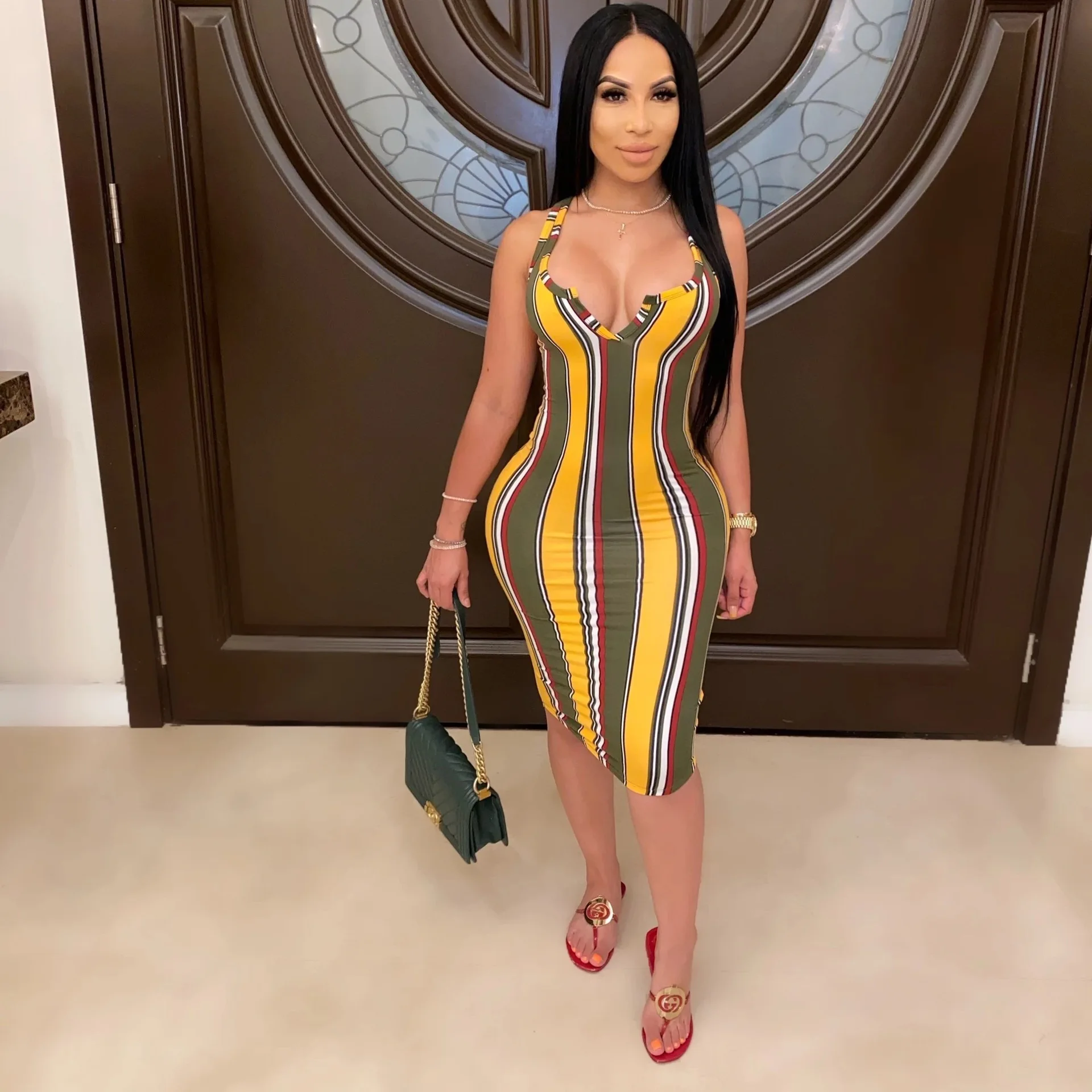 

Popular large size women's colorful striped deep V strap sheath dress summer