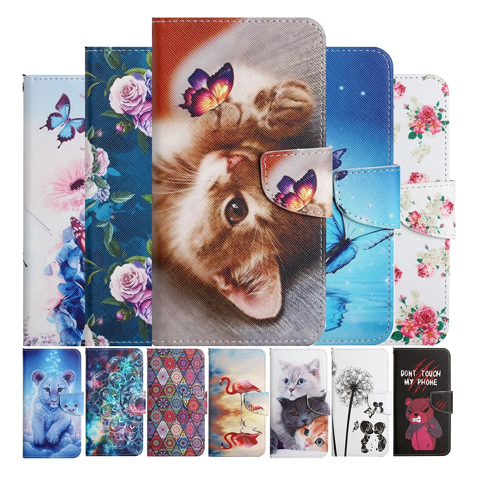 

Etui Wallet Phone Case For OPPO A3S A5S A5 A9 2020 Realme 5 5i 6i 8 Pro C3 C11 C20 C21 GT 5G Flower Cat Pattern Flip Book Cover