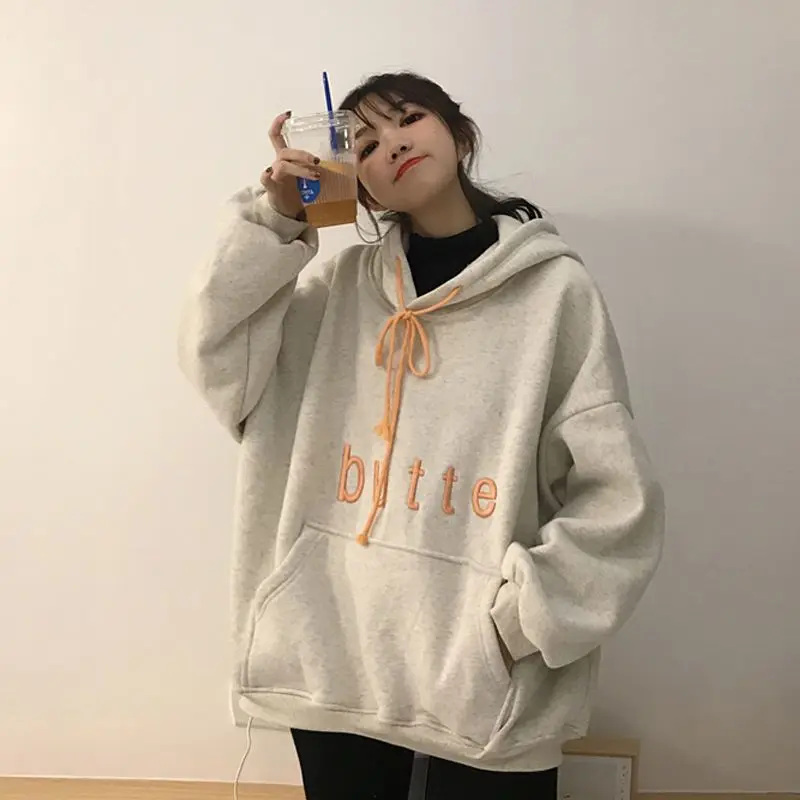 

2022 Hoodies Women Korean Version New Lazy All-match Plus Velvet Thickening Loose Bf Full-sleeved Academy Couple Grunge Jacket