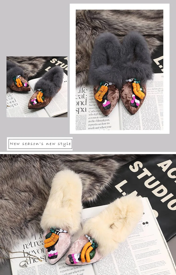 Woman's gold velvet face cartoon decorative pointed head with single heel shoes | Обувь