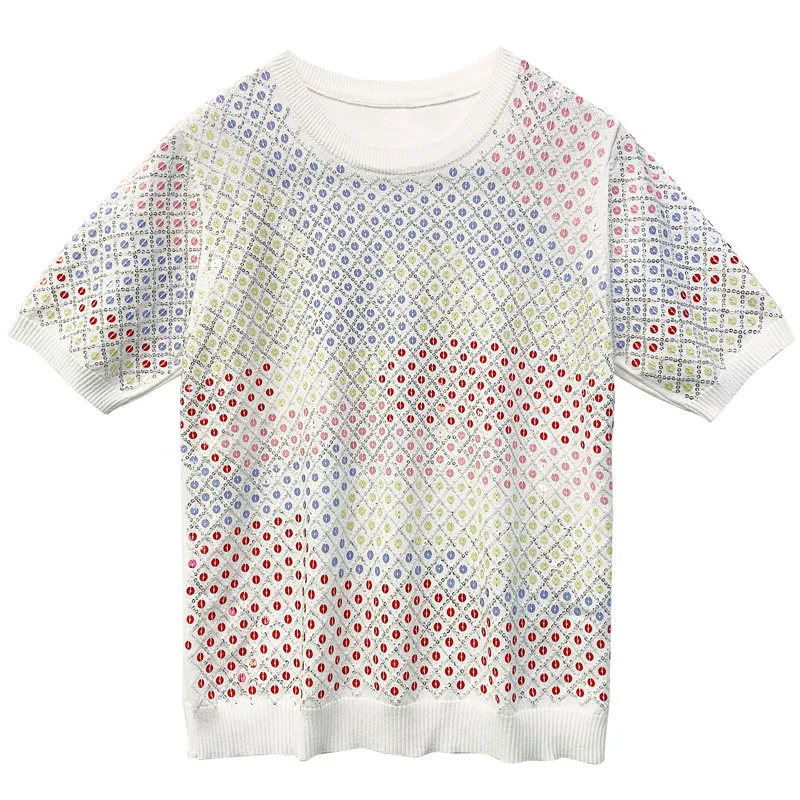 

SuperAen 2021 New Casual Sequin Print Short-sleeved O Neck Knitted Top Woman Sweaters