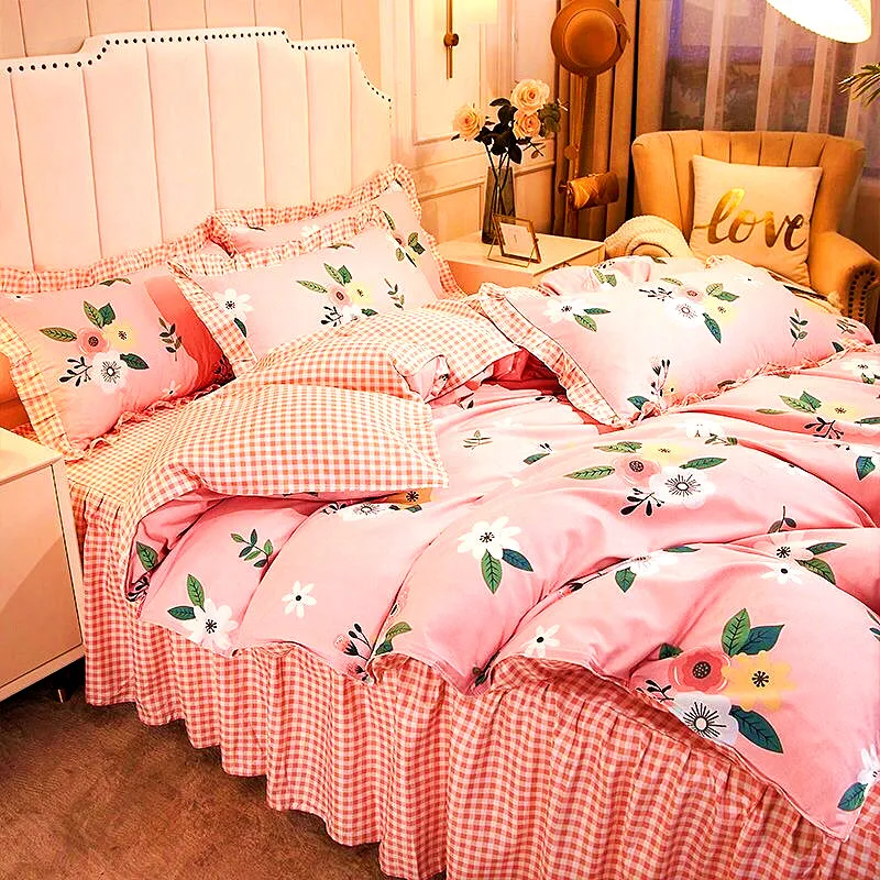 

Pastoral Princess Room Decoration Bedding Set Lace Plaid Bed Skirt Duvet Cover 200x230 Queen King Quilt Covers Sets Bedclothes