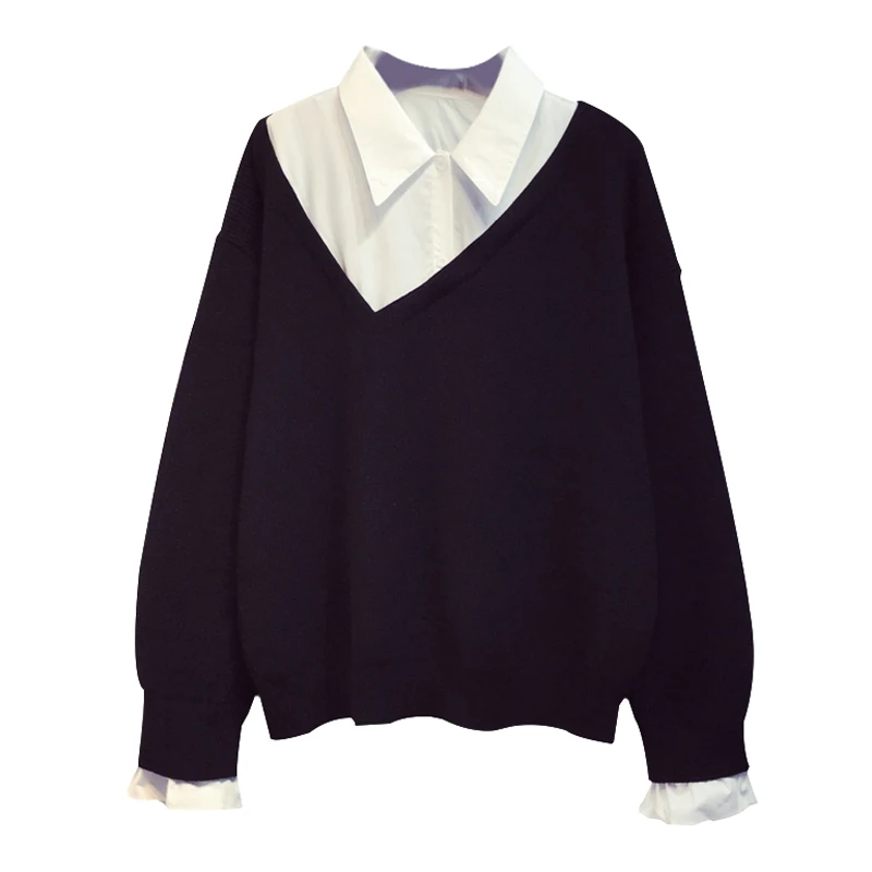 

IEQJ 2021 Spring Autumn New Patchwork Lapel Collar Full Sleeve Office Lady Women's Fake Two Pullover Knitted Sweater TX349