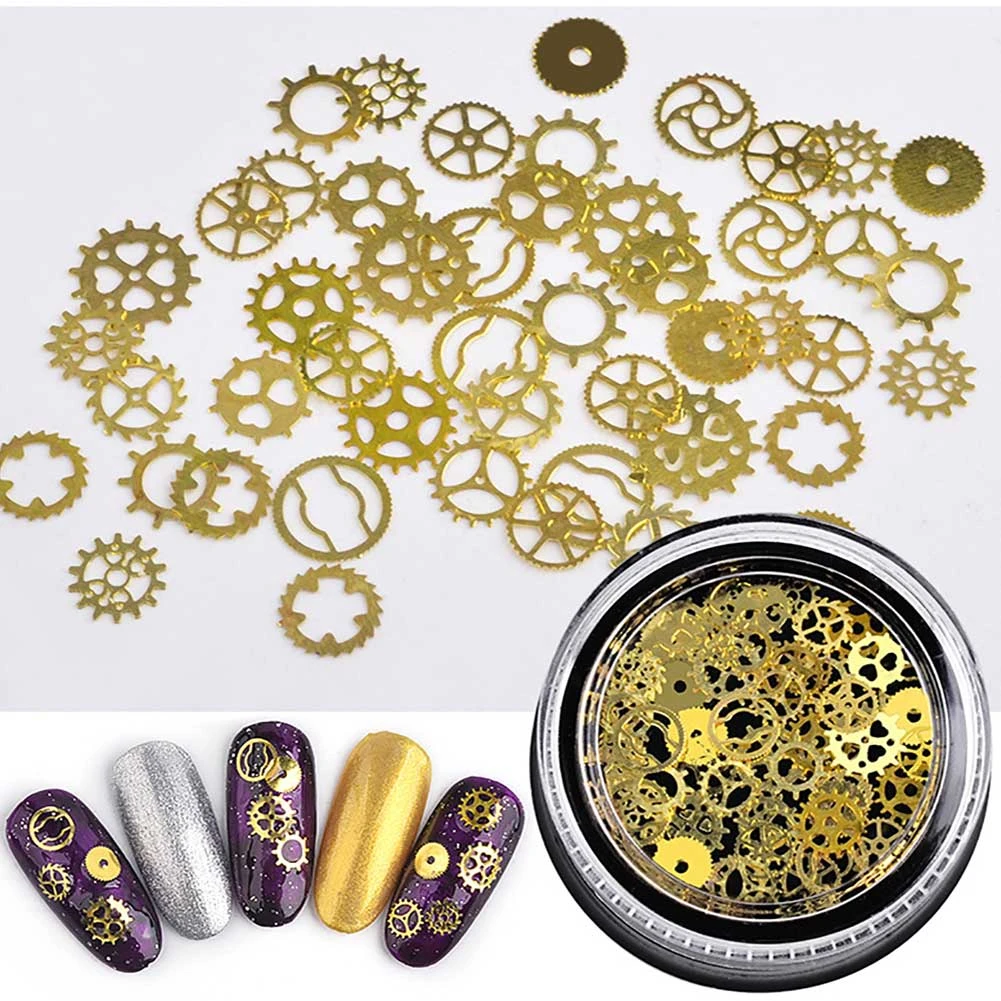 

Christmas 1 Box Ultra thin Metal Slices Mix Butterfly Heart Steampunk Gear Metallic Flakes 3d Gold Nail Art Sticker Decorations