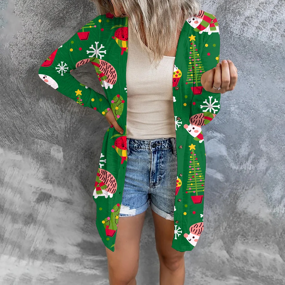 

Christmas Cardigan Women's Santa Claus Cartoon Print Coats Thin Long Sleeve Button Mid Length Sweater Outerwear Female Clothing