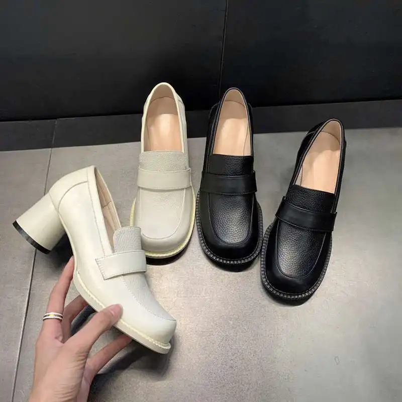 

Krazing pot 2021 new arrival genuine leather round toe high heels classic colors preppy style young lady casual women pumps L90
