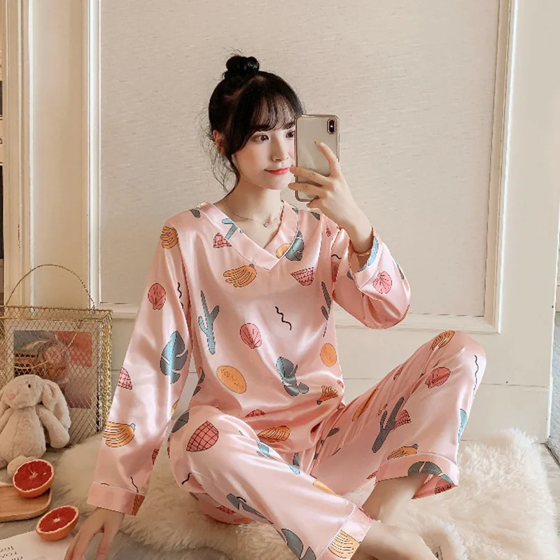 Pajamas Set Women's Silk V-neck Long-sleeved Summer and Autumn Ice Silk Ladies Home Service Suit Satin Nightwear Cartoon Pajamas
