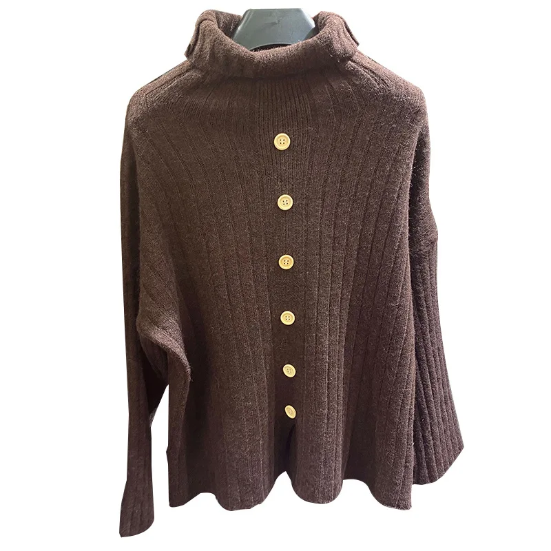 

New 2021 spring korean Women's Turtleneck Sweater Solid Color Loose oversized Jumper With Buttons
