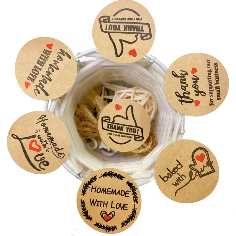 

100pcs/pack Kraft paper Round homemade with love thank you 6 choices baked gloves small business Thumbs up 35mm