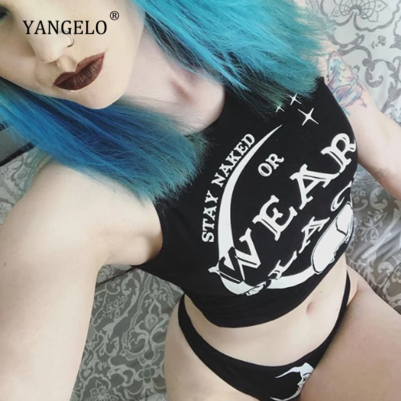 Женский короткий топ без рукавов Yangelo Готическая хлопковая Футболка с принтом