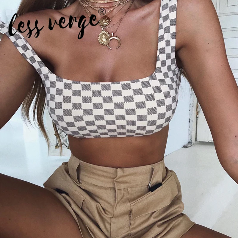 Lessverge New Fashion Women Tank Top Slim Fit Crop Camisoles Mosaic Pattern Casual Summer |