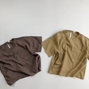 Детская рубашка, Новинка лета 2020, Корейская льняная хлопковая рубашка в стиле ретро Мори, рубашка для мальчиков и девочек с круглым вырезом