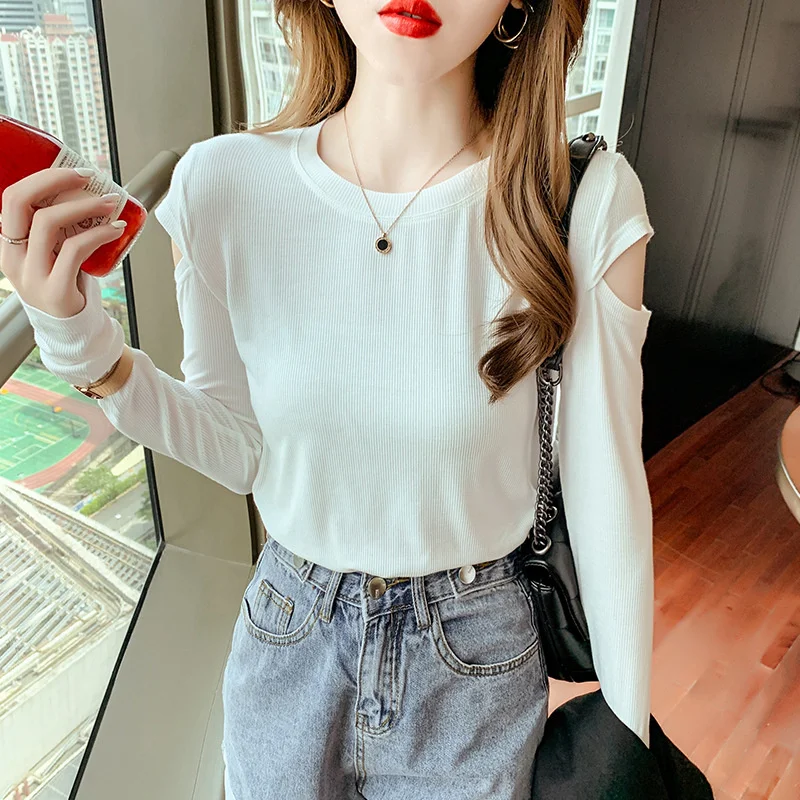 Женская эластичная хлопковая Футболка с открытыми плечами и круглым вырезом |