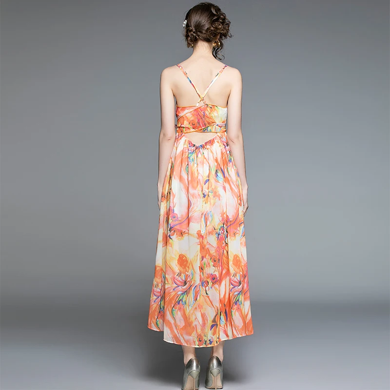 

Sling Dress Woman 2021 Summer Spaghetti Straps Backless Long Printing Slit Holiday Beach Dresses Vestidos