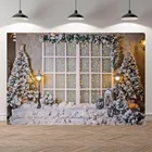 Фон для фотосъемки с изображением рождественского окна снега рождественской елки фонаря звездного света теплой и милой фотостудии