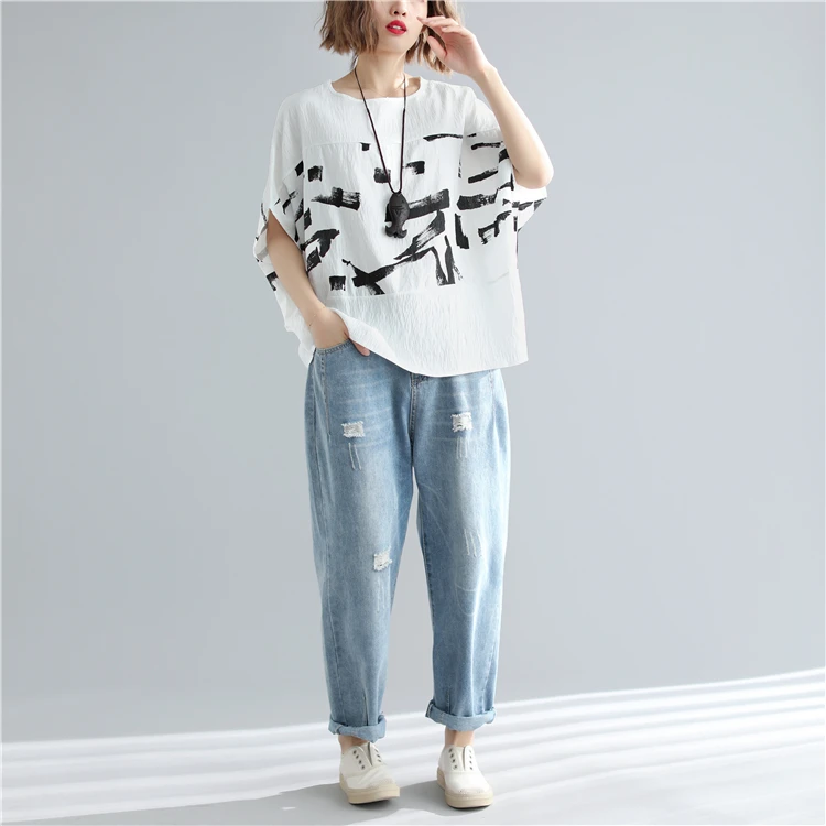 Женская футболка с рукавом летучая мышь Свободный Топ из хлопка и льна