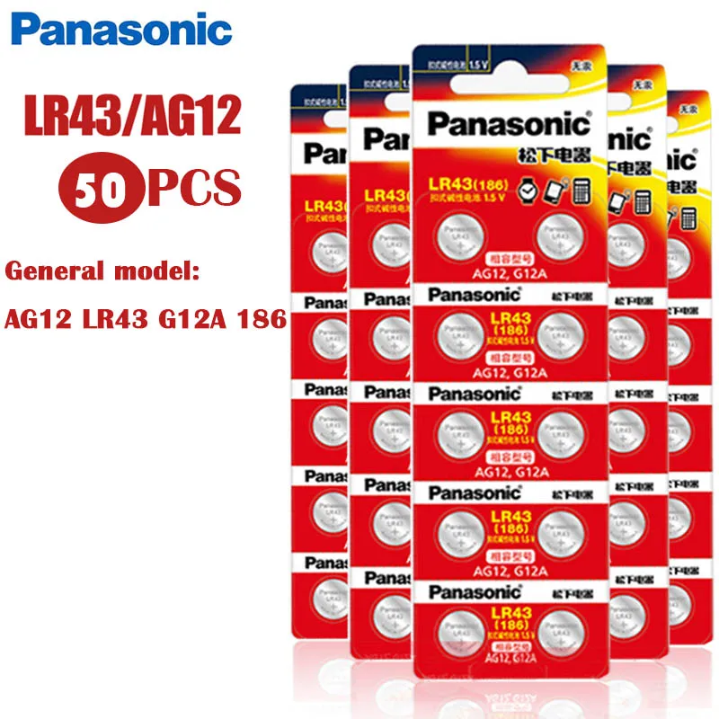 50 шт. Panasonic 186 1 5 в 0% Hg щелочные батареи AG12 LR43 G12A для часов игрушек калькулятор