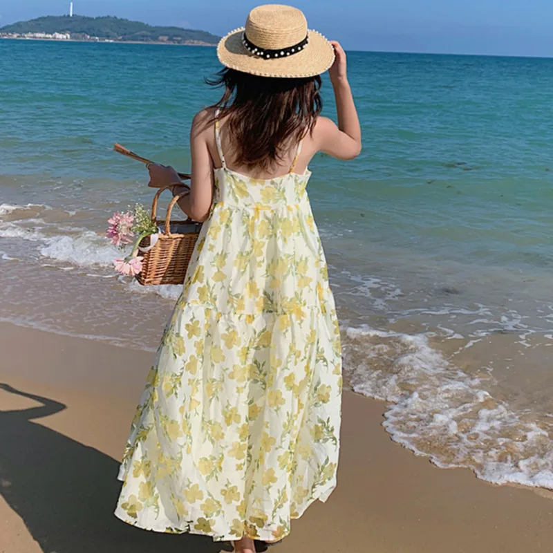 

LANMREM Suspender Floral Sling Dress For Women Long Female Holiday Cute Beach Dresses 2021 Summer New Arrival 2D3778