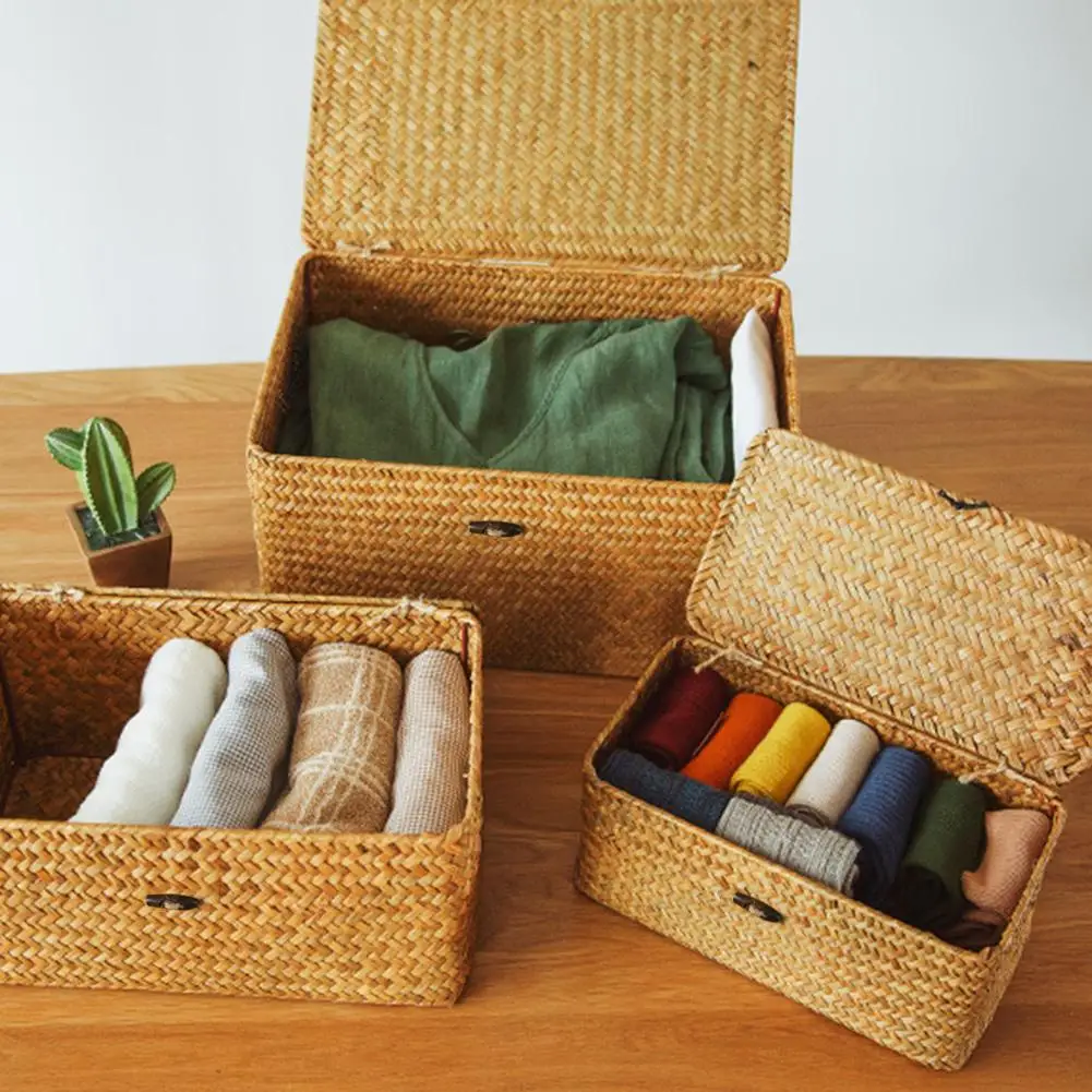 Natural Straw Rectangular Desktop Storage Basket Wire Handles Decor Seagrass Woven Wicker Organizing Shelves | Дом и сад