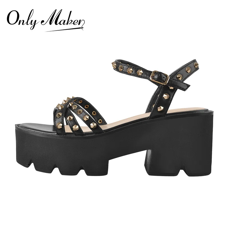 

Onlymaker 2021 New Summer Women Chunky Heel Platform Sandals Cross Strap Rivet Ankle Buckle Matte Black Large Size Fashion Punk