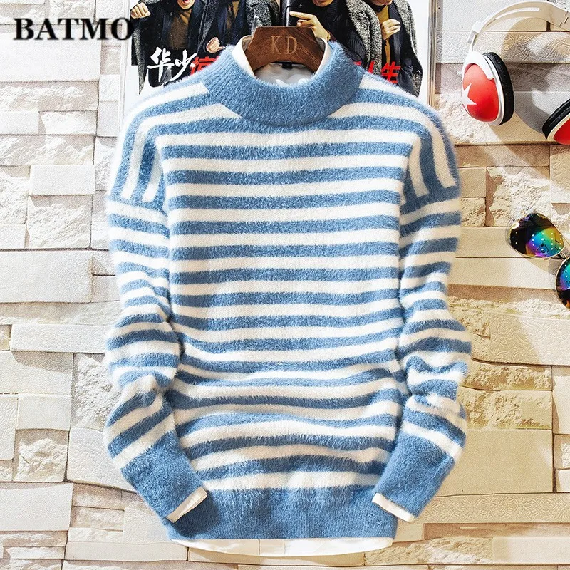 Мужской вязаный свитер Batmo осенний с воротником хомут Модный Полосатый имитацией