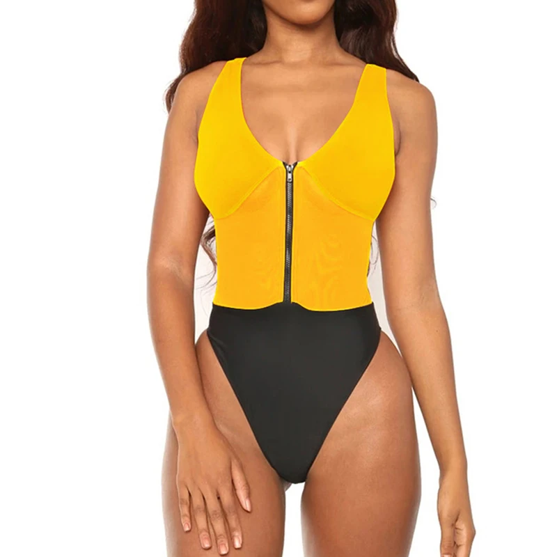 Оранжевое на молнии сдельный купальник 2019 сетчатый из кусков для женщин