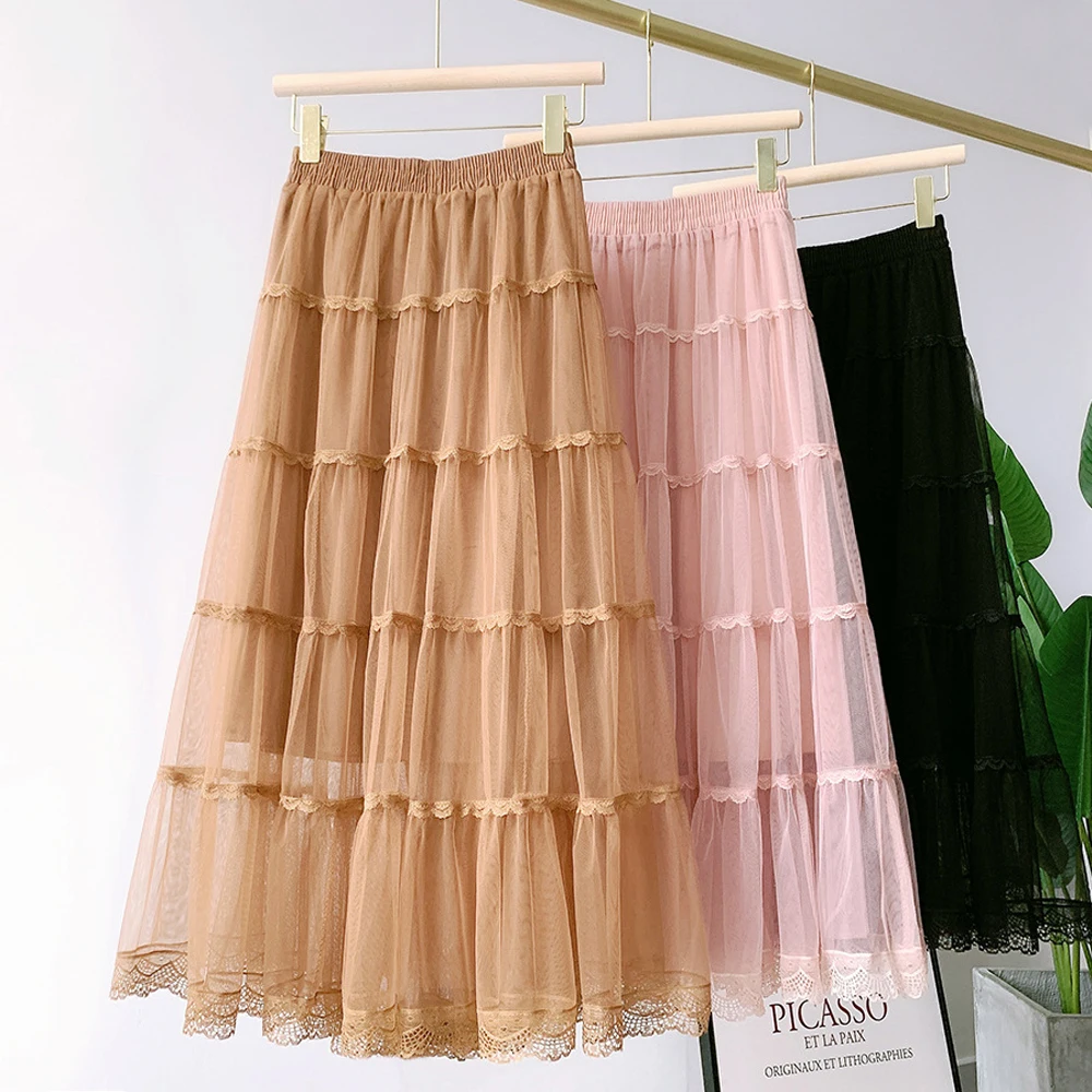 

2021 New Spring Korean Style Women Long Skirt SP1345 Black Pink High Waist Cake Lace Y2K Tulle Midi Skirts falda