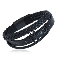 new style black stainless steel magnet buckle leather bracelet skull woven bracelet mens jewelry wholesale