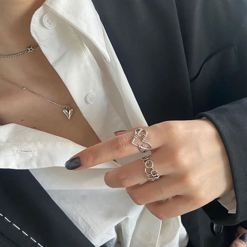 

925 Sterling Silver Rings for Women Heart Shape Round Rings Wedding Trendy Jewelry Opening Adjustable Woman Rings