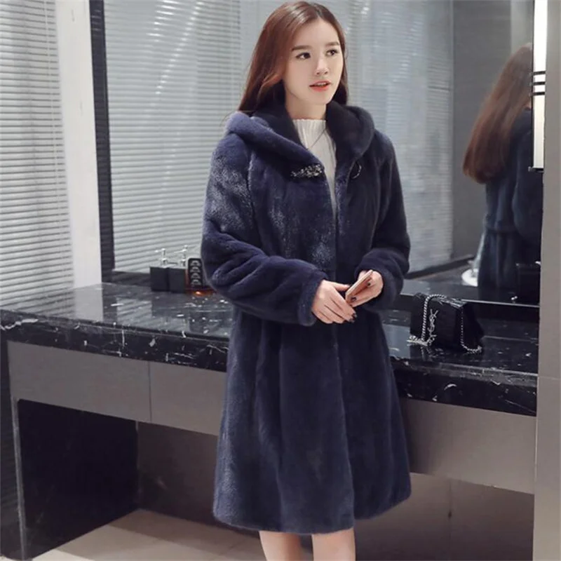 New ladies fur coat womens imitation mink fur jackets whole mink mid-length hooded windbreaker slim warm autumn and winter blue