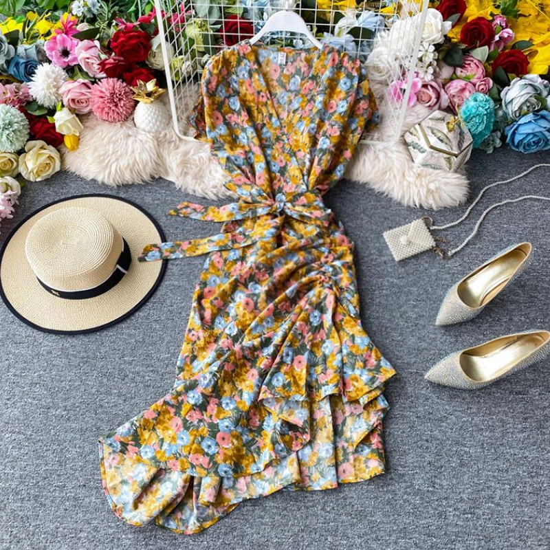 

2020 Summer Ladies Ruffles Short-sleeved Wrap Dress V-neck High Waist Floral Print Chiffon Fishtail Dress Women Sashes Vestidos