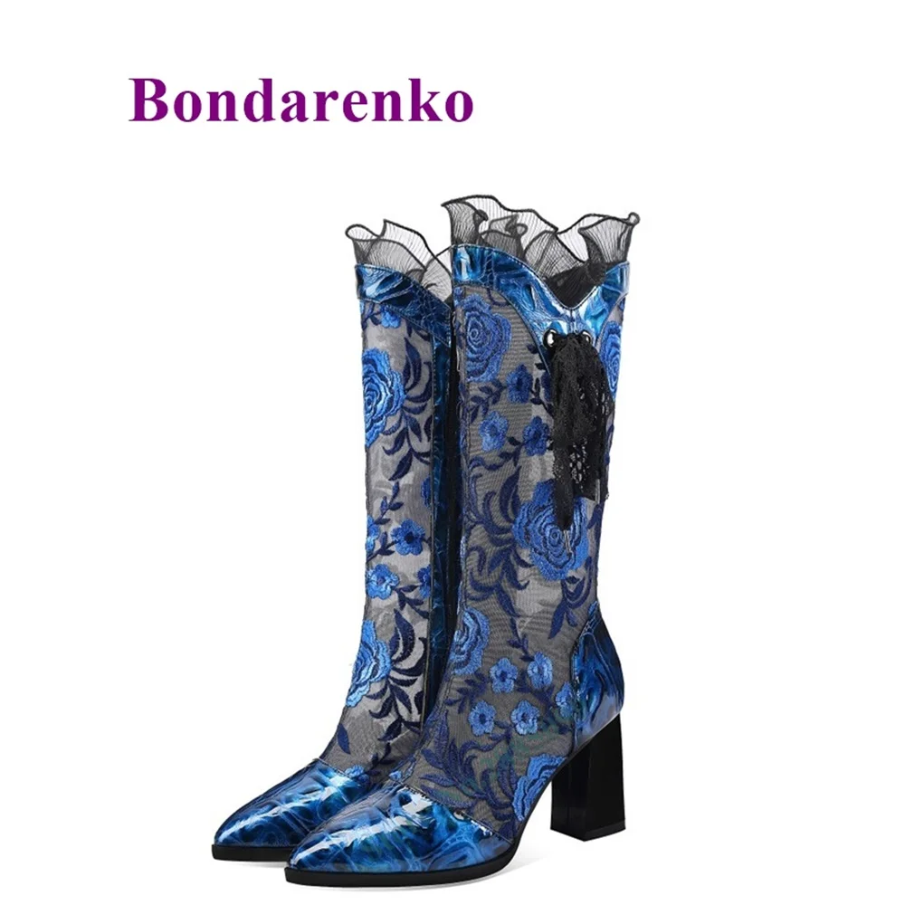 

Mesh Flower Printed Sandals Boots Pointed Toe Chunky High Heel Side Zipper Sexy Women Spring Summer Party Dress Sandals Boots