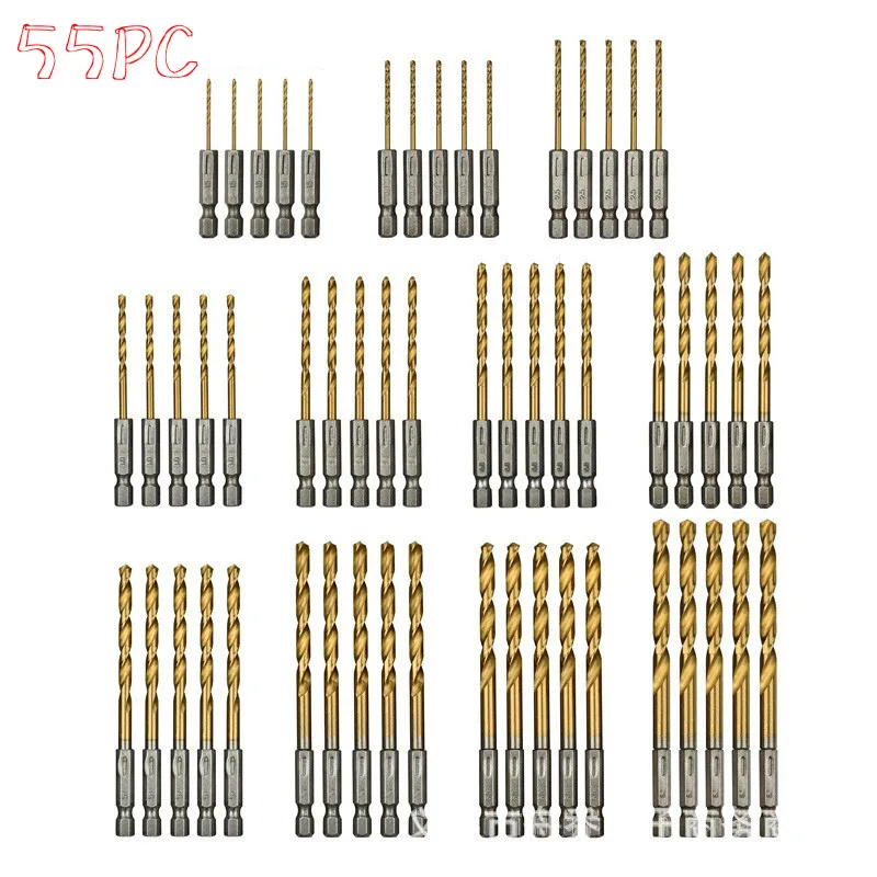 Высокое качество 55pcs HSS Шестигранная ручка titanium покрытием спиральное сверло