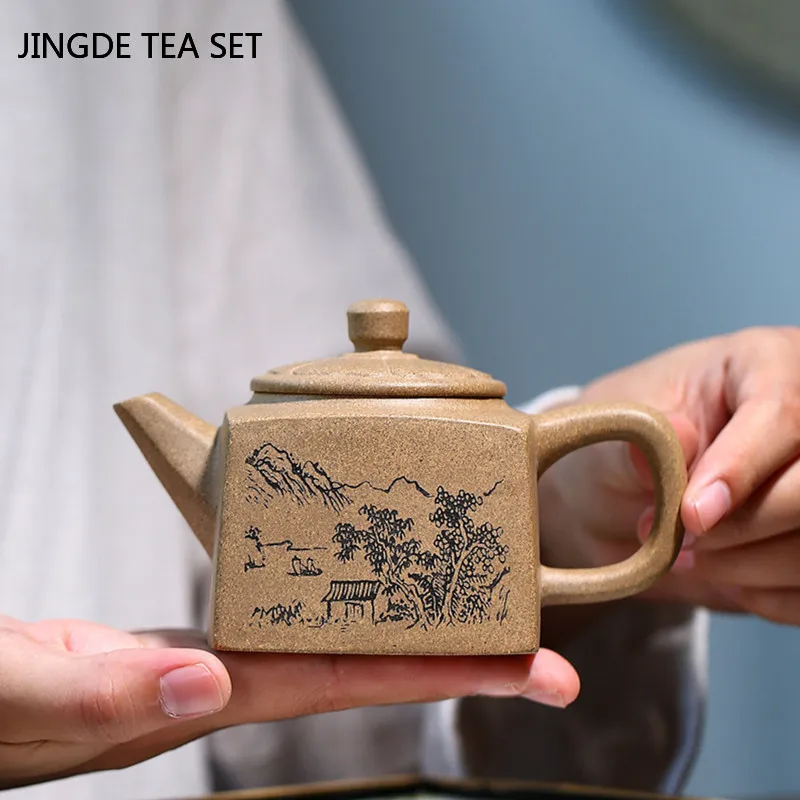 

Yixing Creativity Purple Clay Tea Pots Raw Ore Section Mud Square Teapot Handmade Boutique Kettle Household Teaware 240ml