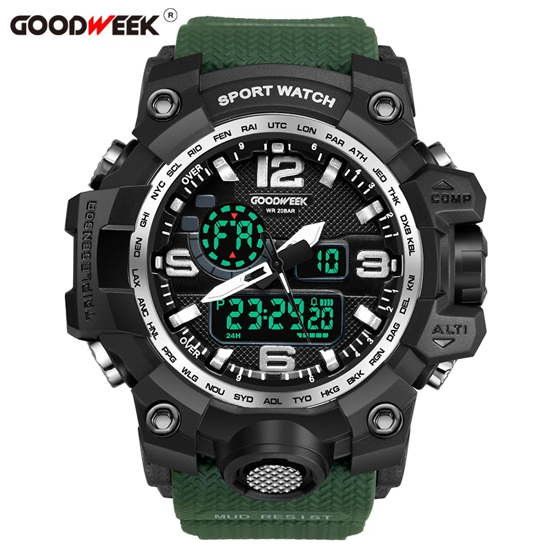 army green GOODWEEK мужские спортивные часы военные армейские водонепроницаемые цифровые кварцевые часы для мужчин двойной дисплей часы для плавания Relogios Masculino - Цвет: army green