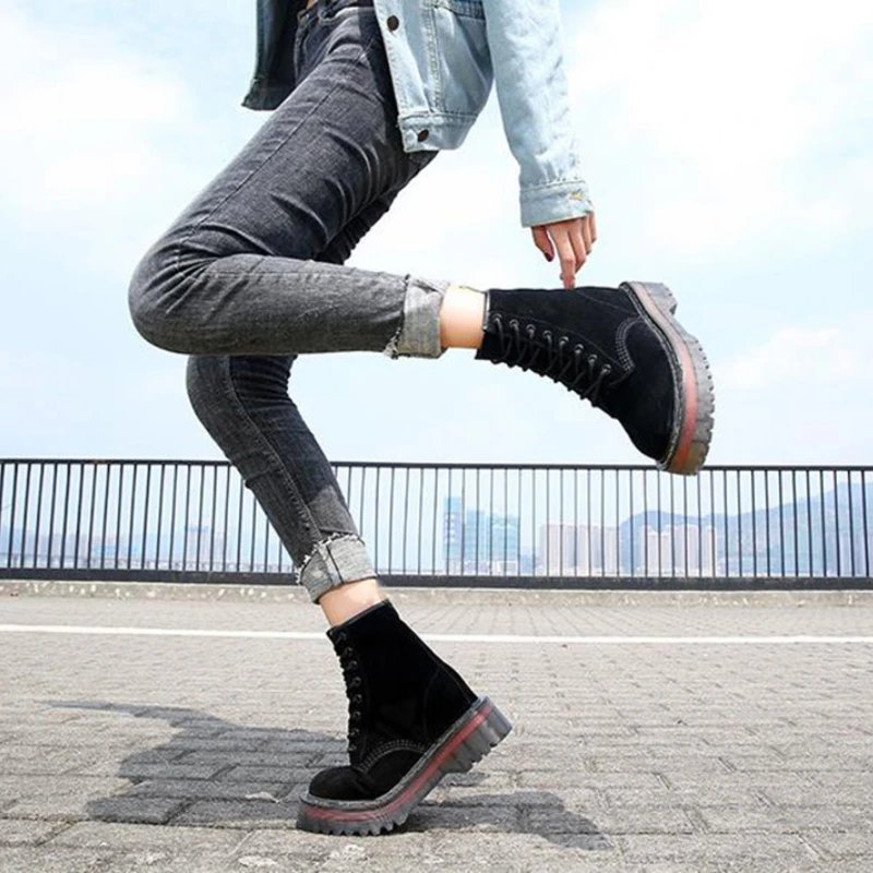

Women Motorcycle Platform Wedge Boots Autumn Winter Fur Ankle Boots Round Toe Lace-up Suede Leather Boots Shoes for Women