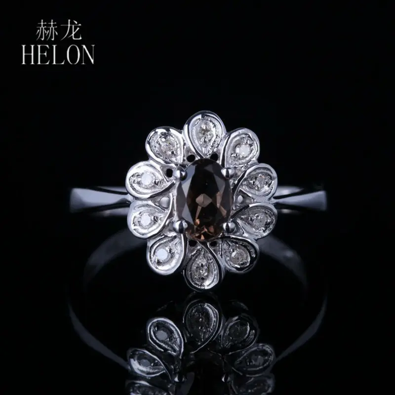 

HELON Sterling Silver 925 Certified Oval 6x4mm Genuine Smokey Quartz Real Diamond Engagement Wedding Women Ring Unique Jewelry