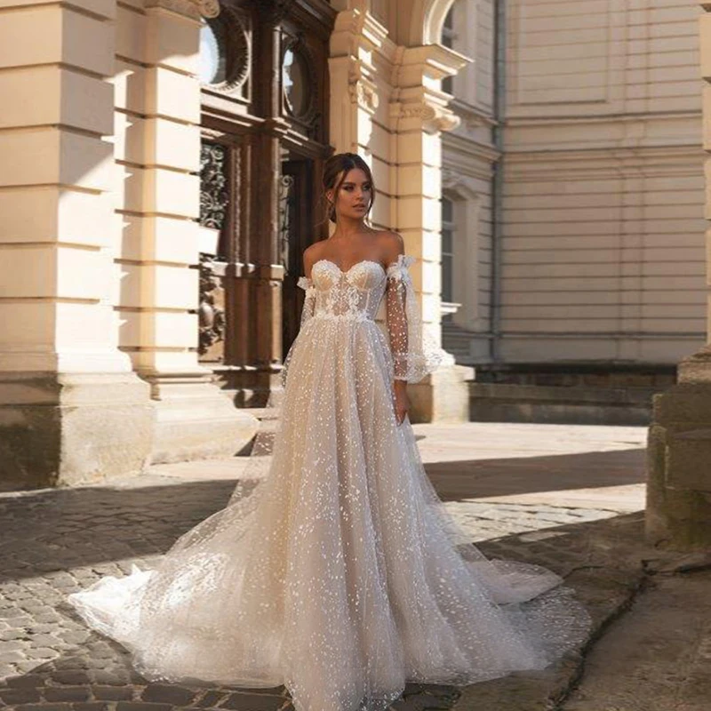 

Wedding Dresses For Women 2022 Strapless Lace Party Bride Gowns Puff Sleeves Shiny Appliques Robe De Mariée Elegant Sexy Dress