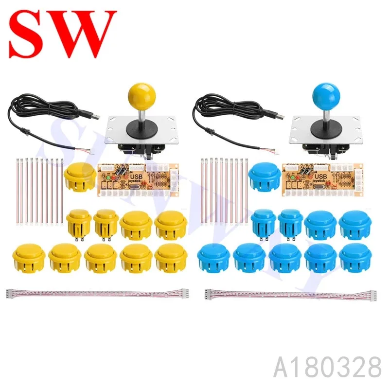 Синий с желтым 2 плеер DIY аркадные наборы для ПК USB энкодер+ Sanwa стильный джойстик с печатной платой+ 30 мм/24 мм аркадные кнопки