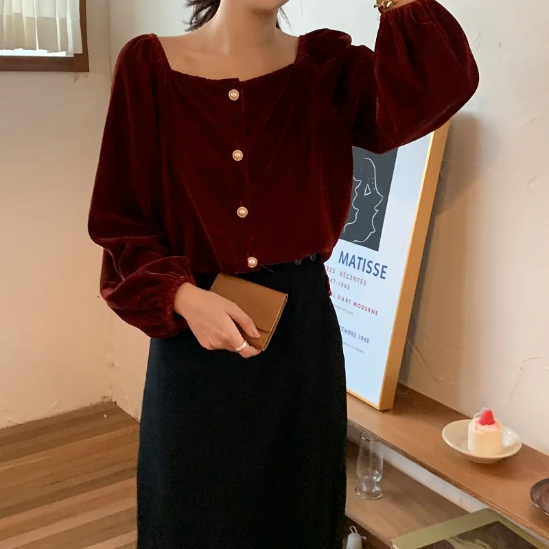 

Autumn 2020 Korean Square Neck Solid Women Vintage Blouses and Tops Puff Sleeve Velour Blusas Shirts For Ladies Buttons