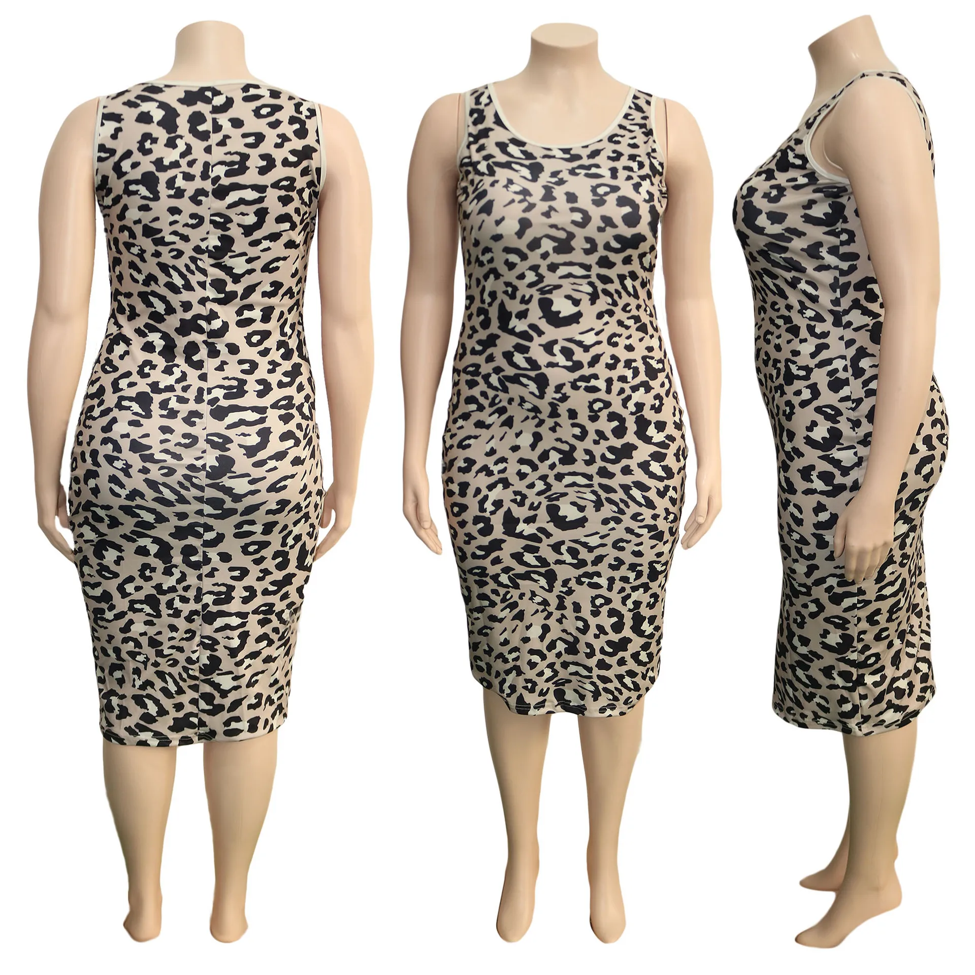 

European new fashion leopard print casual two piece suit slim o-neck sleeveless dress and women's Cape set