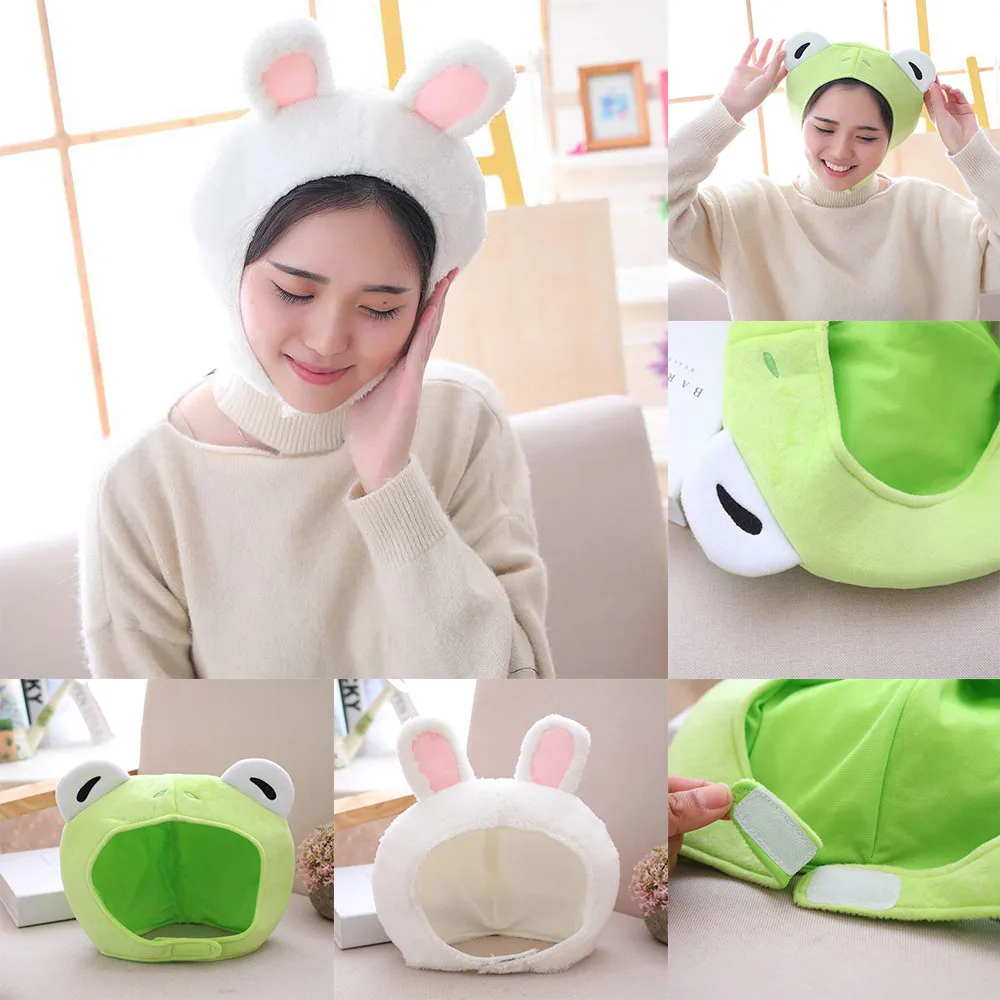 

Шапка-бини зимняя плюшевая с ушками, кролик, лягушка