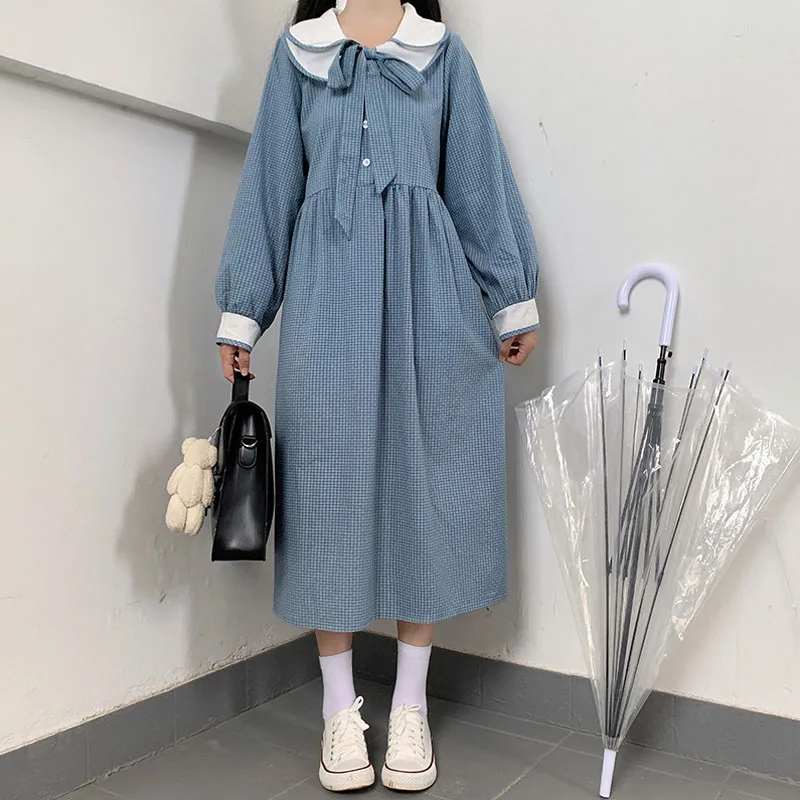 

New 2020 Autumn Casual Preppy Style Japanese Chic Sweet Kawaii Lolita Style Plaid Navy Collar Doll Skirt Small Fresh Women Dress