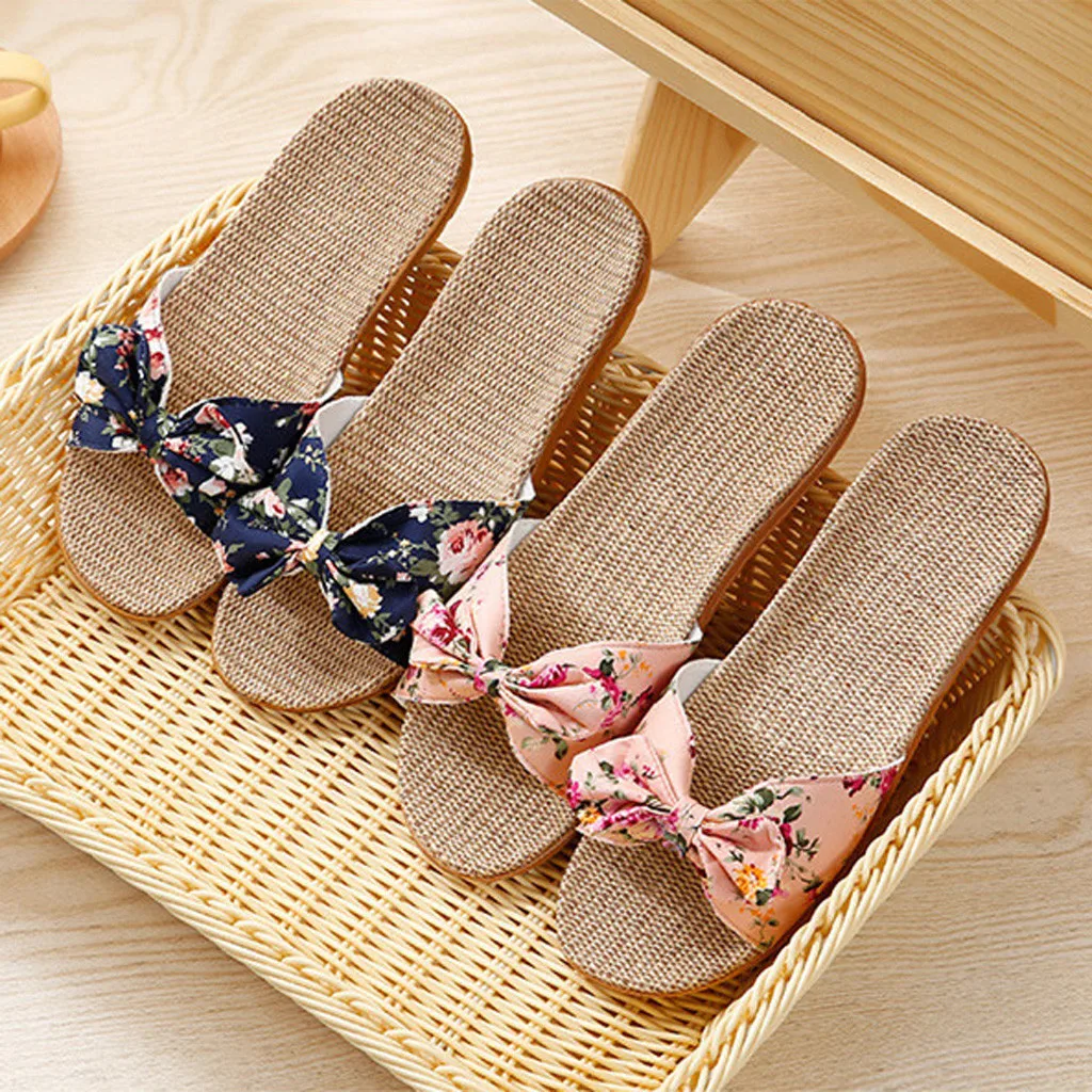 

Summer Women Slippers Fashion Bohemia Beach Shoes New bowknot Flax Linen Flip Flops Sandals Casual Woman Non-slip Flats Female